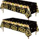 2pcs 70th Birthday Tablecloth, Black Gold 70th Birthday Decorations for Men Women Vintage 1955 Table Cloth Plastic Rectangular 70th Table Cover Happy 70 th Anniversary Party Supplies