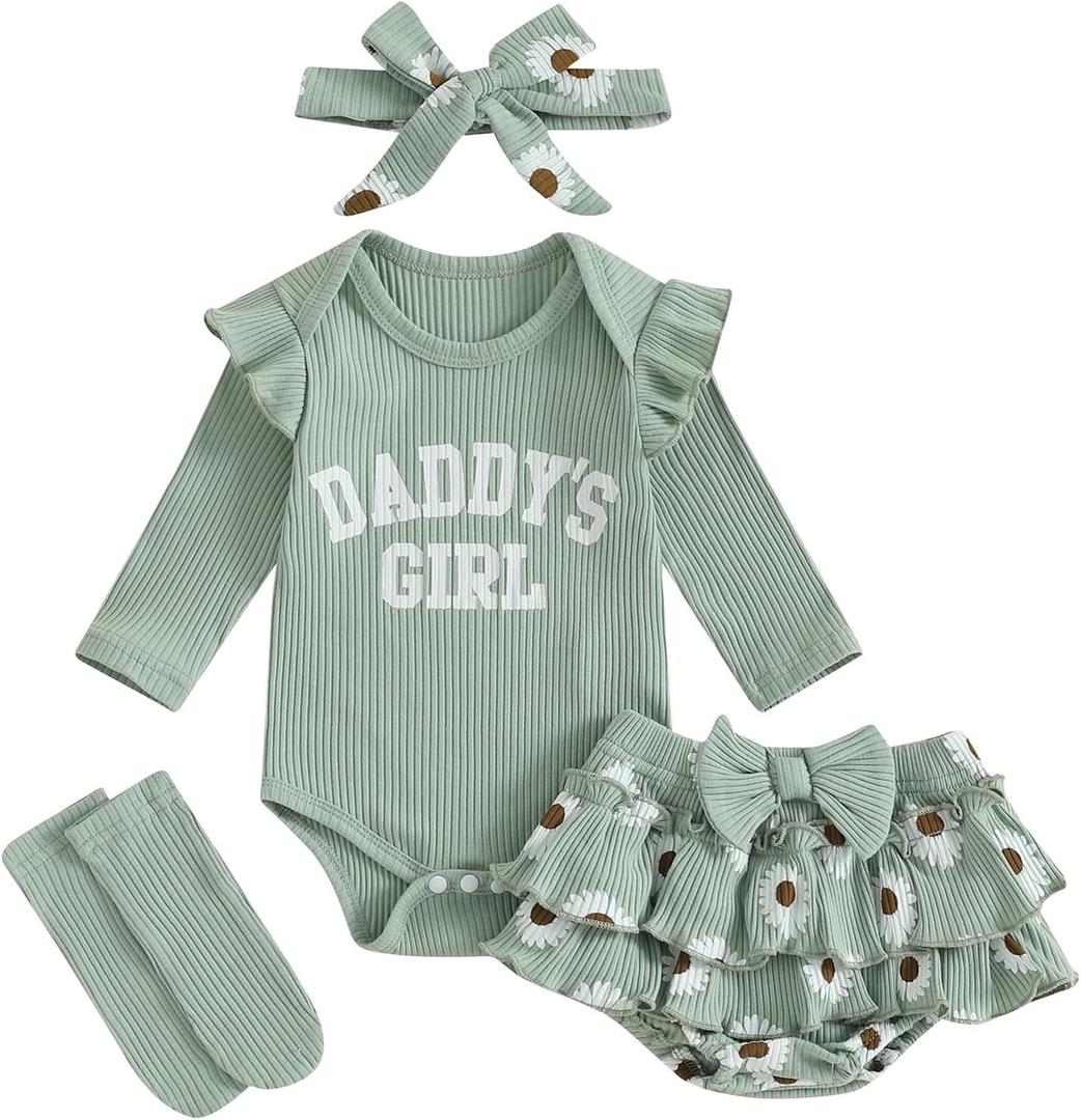 Aunties Bestie Baby Clothes Daddys Girl Newborn Short Sleeve Romper Daisy Skirt Shorts 3Pcs Set Infant Spring Outfit (Green)
