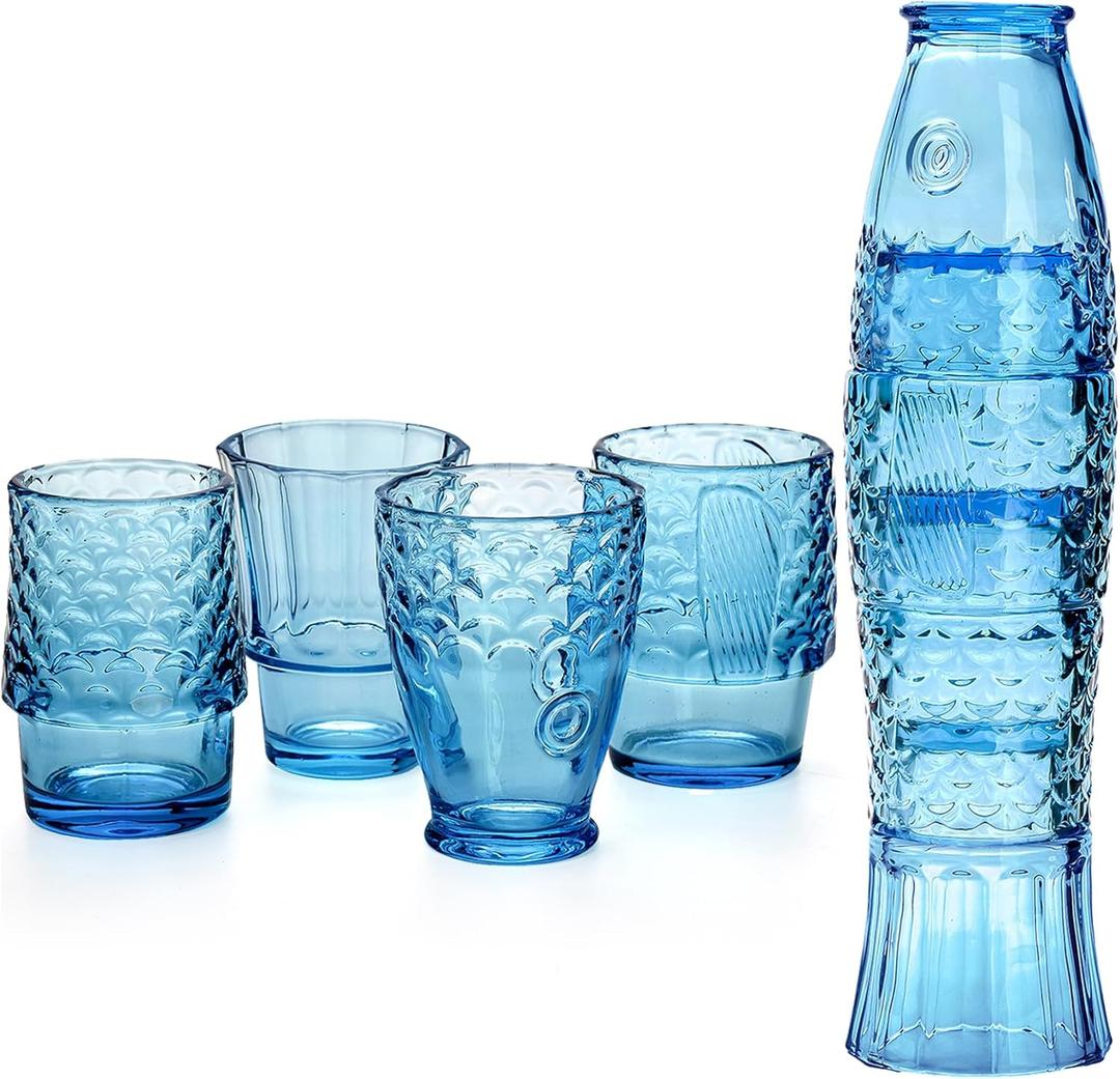 Frcctre Set of 4 Koi Fish Design Drinking Glasses, Stackable Drinking Glasses Fish Shaped Beverage Cups Juice Tumblers Drinking Water Cups Nautical Glassware for Home, Party, Blue