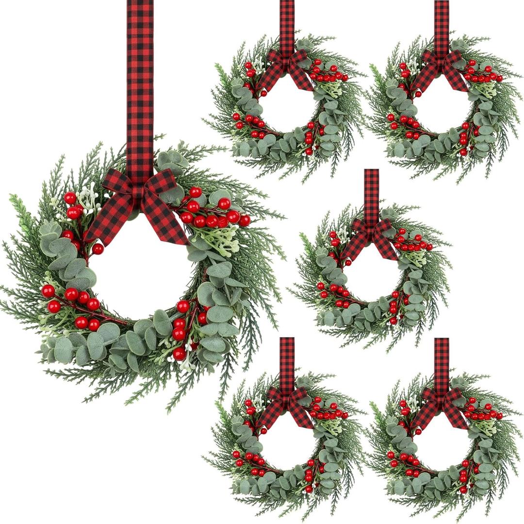 6 Pcs 8" Mini Christmas Wreaths for Kitchen Cabinet Small Christmas Candle Rings Wreaths, Front Door Pillars/Home Table Centerpieces Hanging Garlands, for Windows/Wedding Decor (No Red Ribbon)