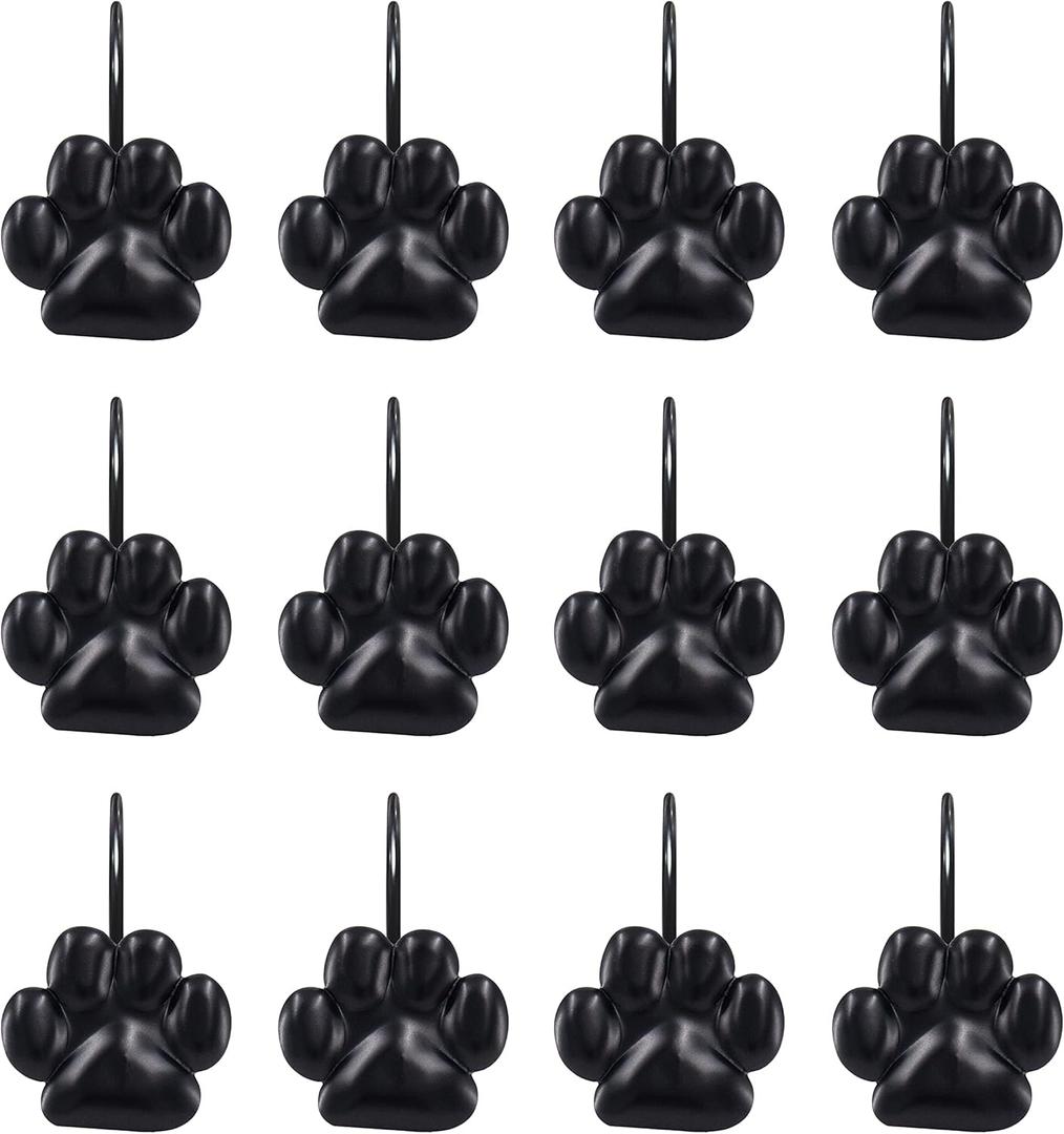 Sunlit Fashion Design Cute Paw Print Polished Shower Curtain Hooks for Dog Cat and Bear, Rust Proof Oil Metal Shower Curtain Rings, Black-12 Pack