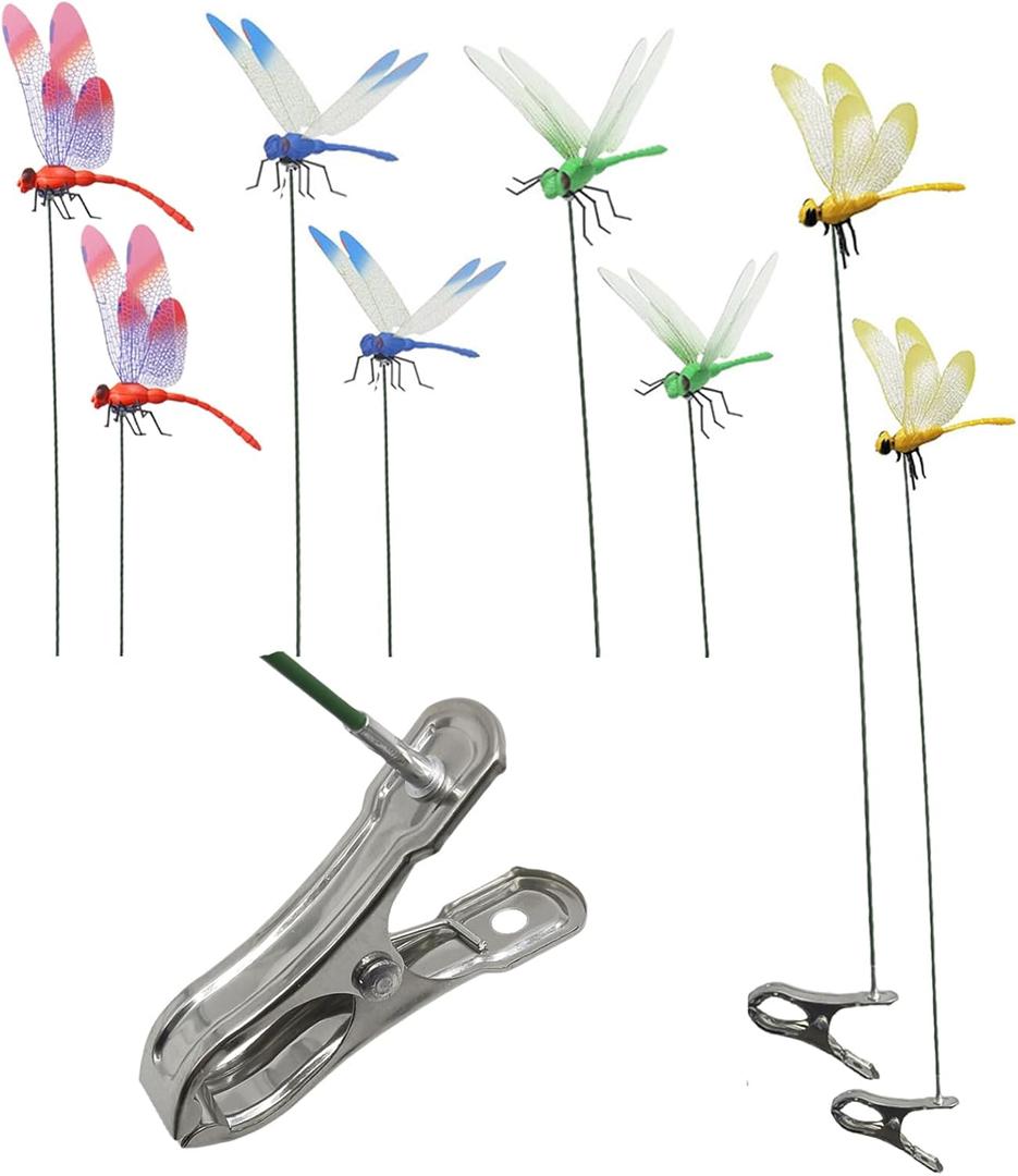 2 x 8PCs Fake Dragonfly Clips Outdoor Simulation Dragonfly Clip Natural Organic Concept Insert Pole Clip Gardening Decoration Insert Plaque Patio Garden Decoration