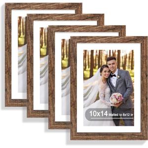 Hongkee 10x14 Picture Frame Set of 4, Made of Glass and Rustic Brown Wooden Frame, Display 8x12 Pictures with Mat or 30 x 40cm Diamond Painting Art without Mat for Wall Mounting, Gallery Photo Frames