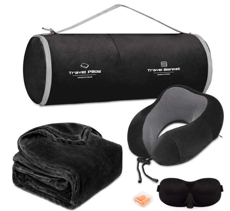Travel Pillow and Blanket Set Neck Pillows Travel Essentials with Sleep Mask for Airplane Car Memory Foam Black
