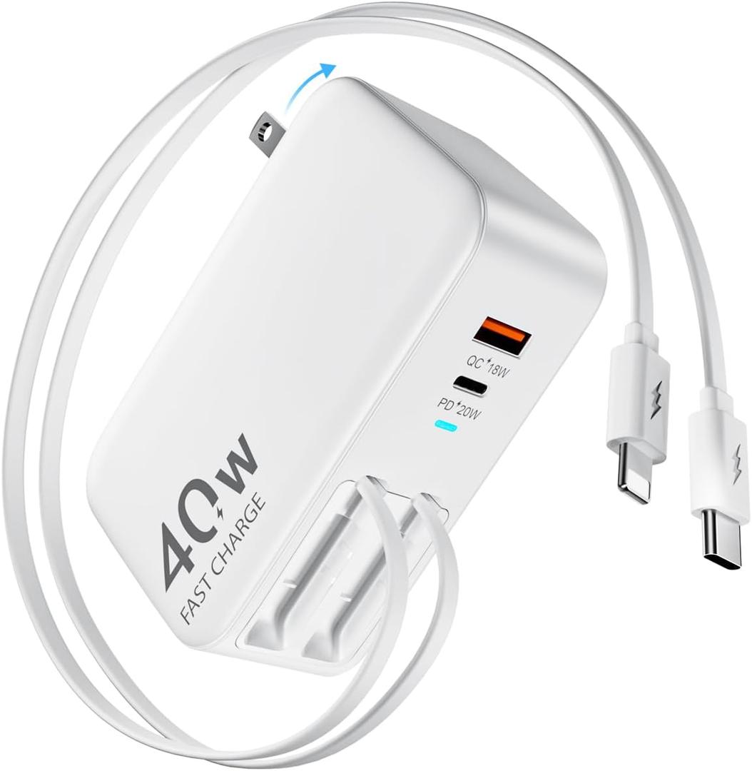 DreamBee 4-in-1 Retractable Wall Charger Plug for iPhone 17, Retractable Charger Block with Dual 35.5-in Cables, 40W Fast Charging Portable Travel Charger Adapter for iPhone 17/16/15/iPad/Galaxy/Pixel (White)