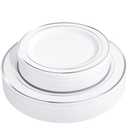 FLOWERCAT 60PCS Silver Plastic Plates - Heavy Duty White and Silver Plastic Plates Disposable - Include 30PCS 10.25inch Dinner Plates and 30PCS 7.5inch Dessert Plates for Wedding & Birthday Party