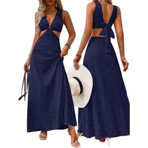 SKAYS Women's Summer Strap Texture Hollow Out Sleeveless Boho Maxi Flowy Casual Vacation Dress XL