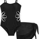 Girls Swimsuit Cut Out Petal One Piece Bathing Suit Adjustable Straps Quick Dry Swimwear with Cover Up Skirt, 13-14Y