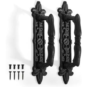 Peohud 2 Pack Heavy Duty Barn Door Handle, 9 Inches Cast Iron Rustic Gate Handle, Antique Black Carved Door Pull for Garages Sheds Closet Drawer Cabinet Fence Outdoor Farmhouse