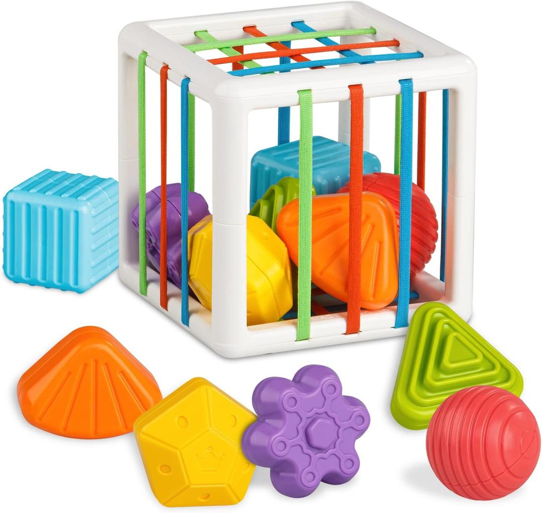 Aprilwolf Montessori Toys for 1 Year Old, Cube & 6 Sensory Shape Blocks, Baby Toys 12-18 Months, Developmental Infant Birthday Gifts for Learning Toddler Age 1 2 3, 4.9 Inch Shape Sorter Cube