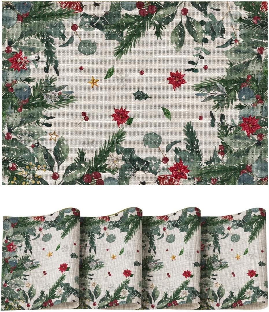 Artoid Mode Green Leaves Poinsettia Holly Christmas Vinyl Winter Placemats Set of 4, 12x18 Inch Washable Plastic Non-Slip Woven Winter Table Mats for Dining Decor