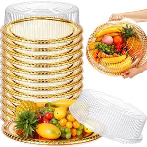 Nitial 12 Pcs Plastic Serving Tray with Lid Heavy Duty Elegant Platters Gold Catering Trays Round Stackable Disposable Containers with Clear Lids for Party Fruit Cake Sandwich Takeout Food (12 Inches)
