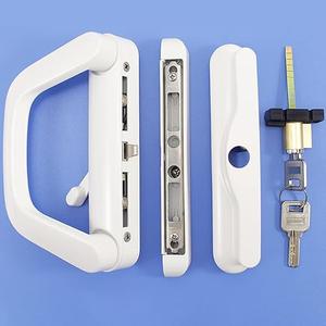 Sliding Patio Door Handle Set with Mortise Lock, Suitable for Sliding Glass Patio Door Thickness from 0.75in to 1.4in, 4-15/16" Screw Holes, Lock Outside, Reversible Design, Keyed, White