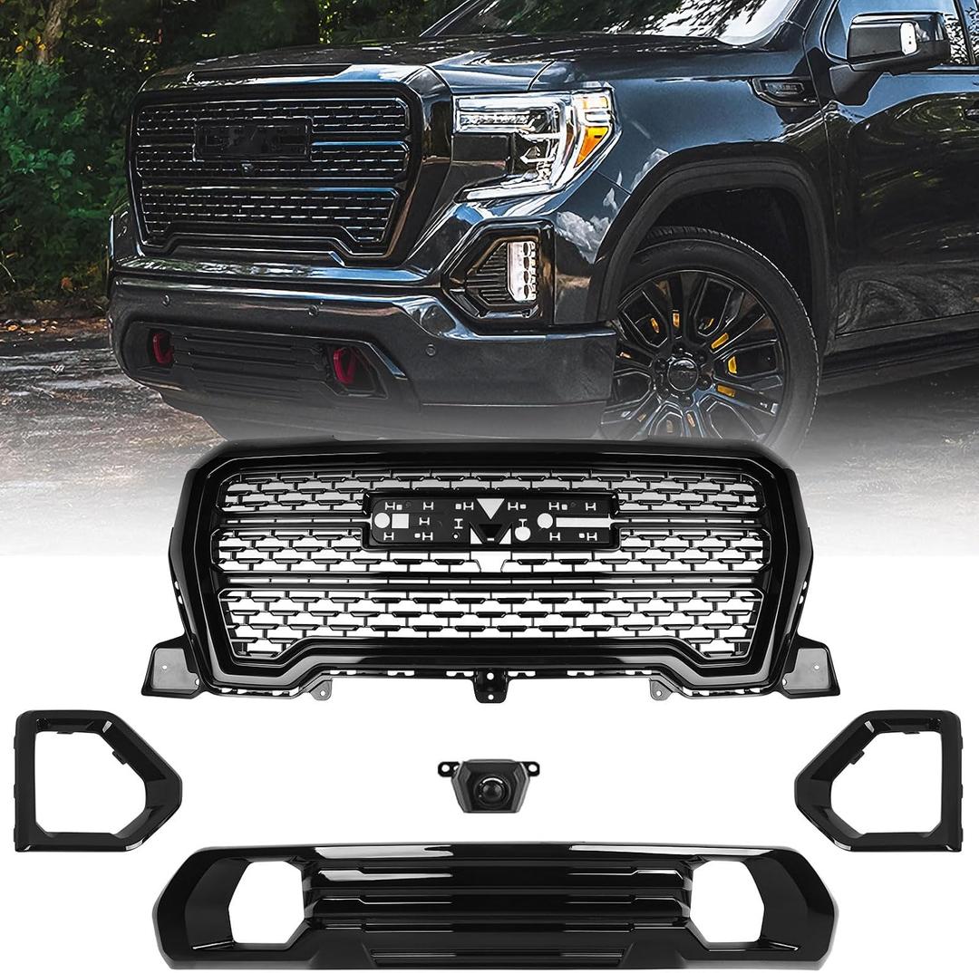 Grille Set 5pcs Compatible with GMC Sierra 1500 AT4/Denali 2019 2020 2021 Front Upper Grill + Front Lower Bumper Filler + Fog Light Bezels + Camera Bracket (Gloss Black)