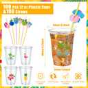 Dandat 100 Sets Hawaii Laua Party Cup 100 Pcs 12oz Plastic Tropical Coconut Cups with 100 Pcs Straws Disposable Clear Drinking Drinkware for Summer Beach Birthday Bachelorette Party Favors(Tropical)