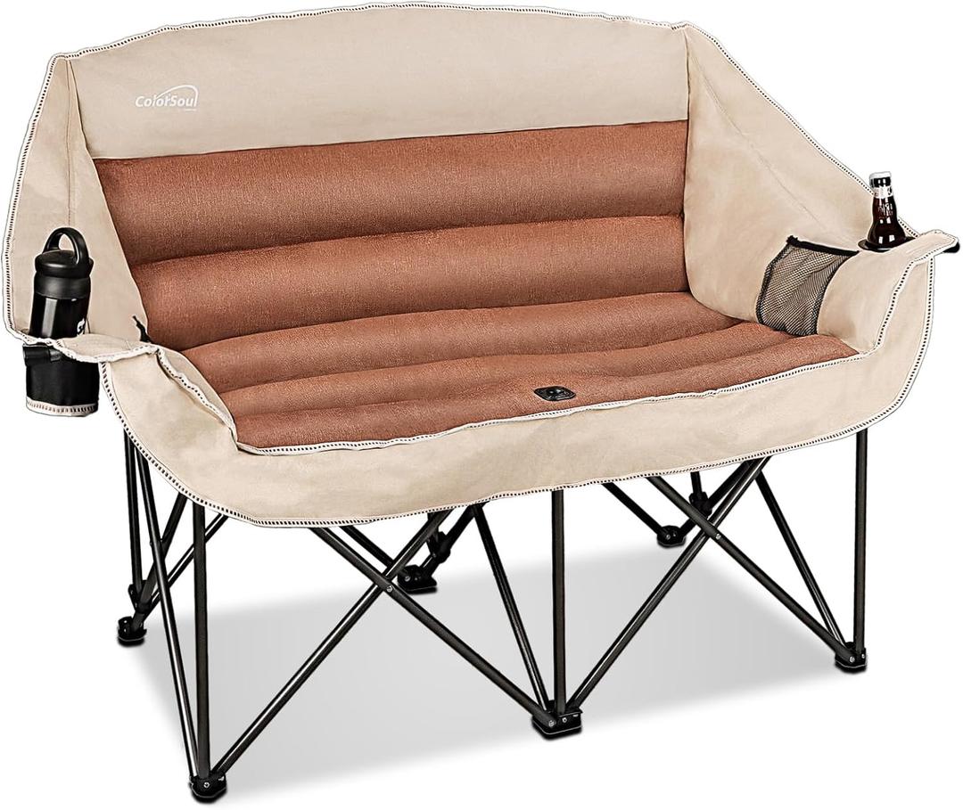 Double Folding Camping Chair Fully Padded Loveseat Camping Couch Oversized 2 Person Lawn Chair Sofa w/Cup Holder,Wine Glass Holder,Mesh Storage for Patio Picnic Beach,Support 600lbs,Cream