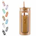 Kodrine 20oz Glass Water Tumbler with Straw and Lid, Bamboo Lids Water Bottle, Iced Coffee Cup Reusable, Wide Mouth Smoothie Cups with Protective Silicone Sleeve BPA FREE-Amber