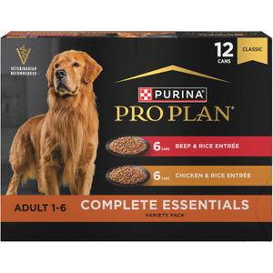 Purina Pro Plan Complete Essentials Wet Dog Food Chicken and Rice Entree and Beef and Rice Entree Variety Pack - (Pack of 12) 13 oz. Cans, BBD: AUG 2027