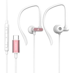 USB C Headphones with Microphone Wired USB C Earphones for Sports and Running Type C Earbuds Hooks Volume Control, Compatible with iPhone 16/15, Samsung, Google and Other Type C Phone, Rose Gold