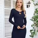 VICHYIE Women Dress Cutout Neck Bodycon Keyhole Ribbed Long Sleeve Tight Fall Mid Thigh Pencil Above Knee Mini Dresses Navy XL (Blue, XL)