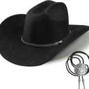 Western Cowboy Hat for Men Women,Shapeable Wide Brim Felt Fedora Classic Cowgirl Hats for Cowboys and Cowgirls,with bolo tie