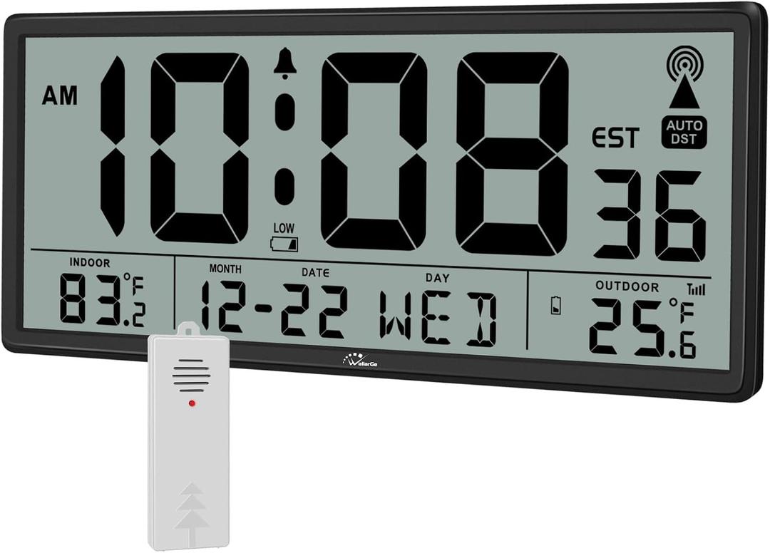 WallarGe Atomic Clock with Indoor Outdoor Temperature - Easy to Read - Self Setting, 14.5'' Jumbo Auto Set Digital Wall Clock Battery Operated