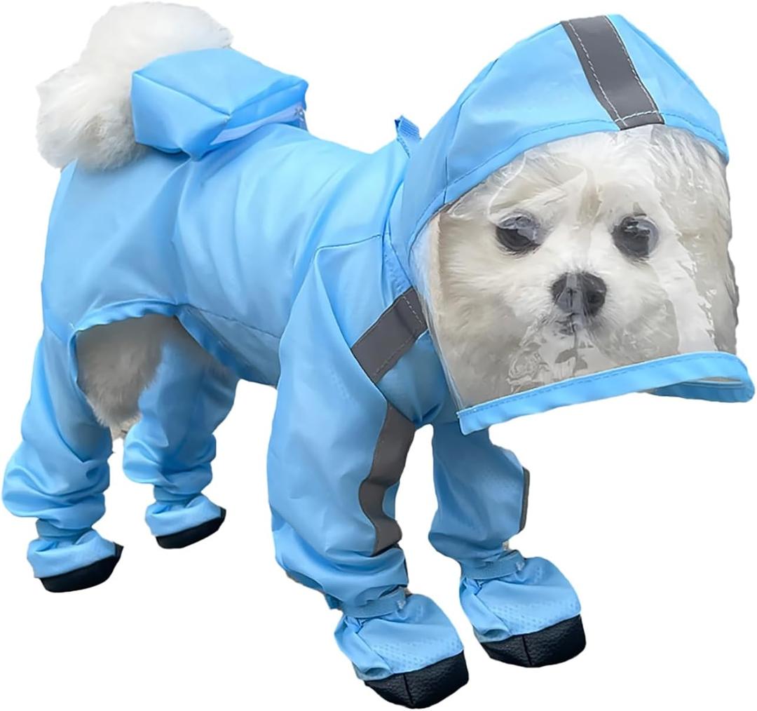 Dog Raincoat with Hood, Waterproof Full-Coverage Reflective Rain Jacket Quick-Drying Rain Poncho and Shoes for Small Medium Large Dogs,Blue,S (SBack Length 8'')