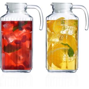 Glass Pitcher with Lid  Set of 2 Glass Water Pitcher 55Oz  Cold Carafe for Ice Tea, Water, Lemonade, Coffee  Elegant and Modern  Practical Spout Pitchers for Drinks (55oz)