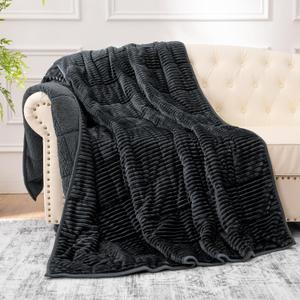 Sherpa Fleece Adult Weighted Blanket with Ribbed Stripes, 15 Pounds Dual Sided Soft Plush Blanket for Couch Bed Sofa, Heavy Thick Blankets with Glass Beads Great for Sleep, Dark Grey, 48" x 72"