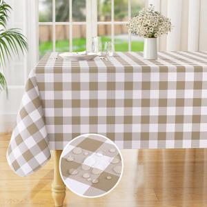 misaya Rectangle Waterproof Vinyl Table Cloth, Buffalo Flannel Backed Tablecloth, Wipeable Plastic Table Cover for Dinner, Kitchen, Outdoor (52" x 70", Khaki and White)
