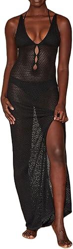 Juakoso Women Boho Knitted Maxi Dress Y2K Backless Hollow Out Bodycon Dress Sexy Crochet Long Cami Dresses Summer Clubwear (Five Black, Medium)
