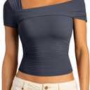 SUUKSESS Women One Off The Shoulder Summer Tank Tops Ruched Short Sleeve Shirts (Blue, L)