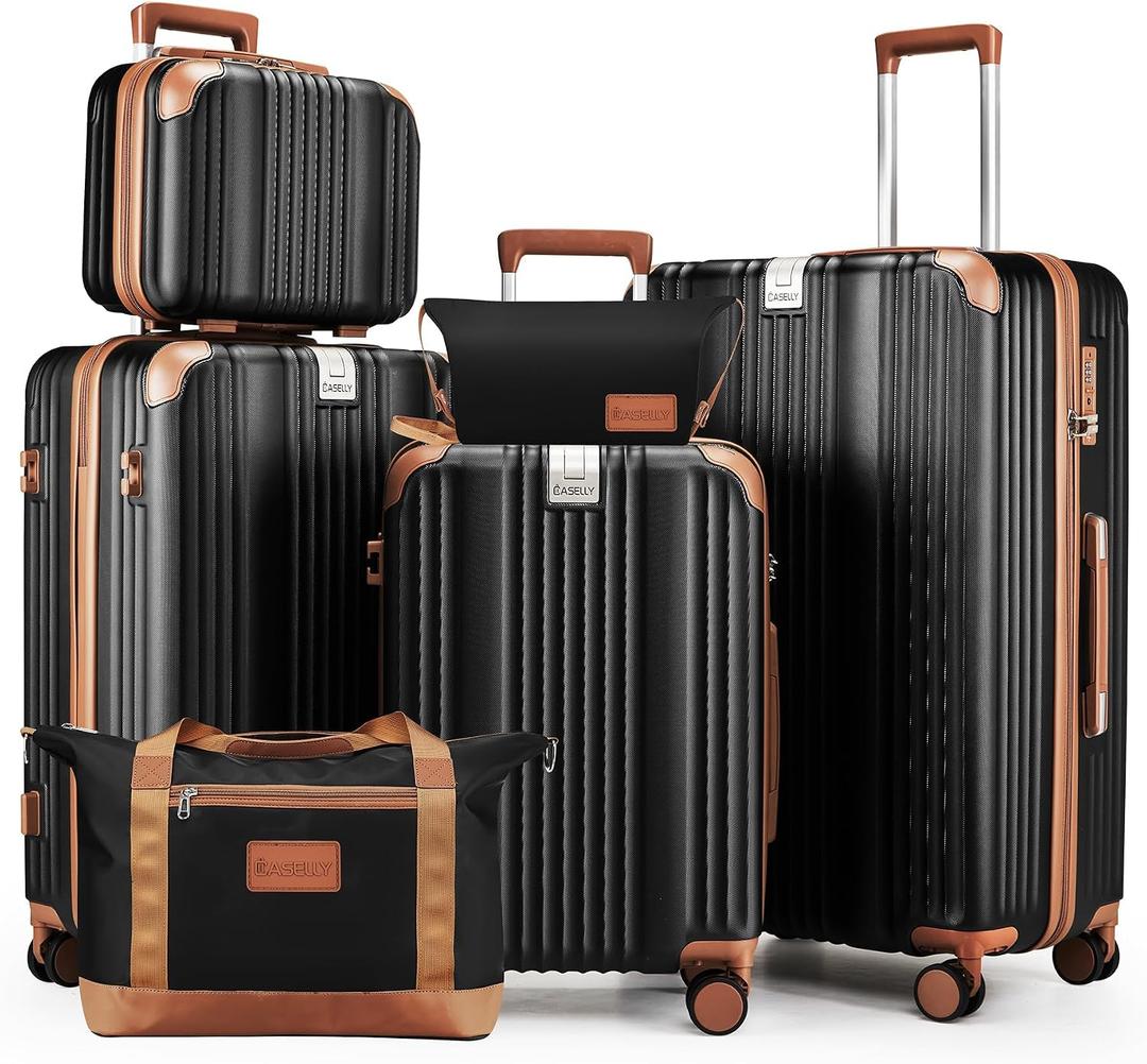 Luggage Set 6 Piece Luggage with PC+ABS Hardshell TSA Lock Spinner Wheels Carry on Lightweight Suitcase Cup Holder，YKK Zippers and Hoot(Black, 6 piece sets（14/20/24/28/DB/TB）)