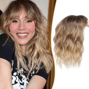 MARJORIE Hair Toppers 14inch Mixed Brown to Blonde with Dark Root Wavy Toppers for Women with Thinning Synthetic Wiglets with Bangs Clip in Hair Pieces for Women,Perfect for Daily Use & Styling