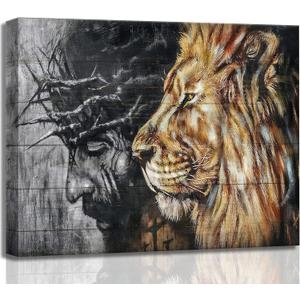 Large Jesus and Lion Canvas Wall Art Judah and Lion Cathedral Black and White Religious Christianity Picture Wall Decor Poster Print for Living Room Bedroom Office Home Decoration, 36"L x 24"W