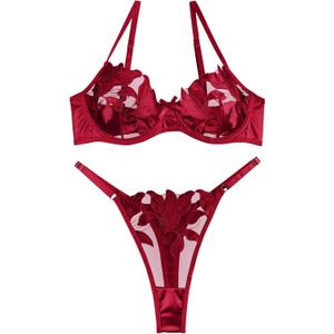 Lilosy Sexy Satin Mesh Floral Sheer Embroidered Underwire Lingerie Set 2 Piece Women (Small)