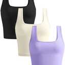 KIKIMINK Womens Crop Tank Tops 3 Pack Seamless Ribbed Sleeveless Square Neck Workout Yoga Gym Shirts Fitted Basic Camisole - Black White Purple Small (S)