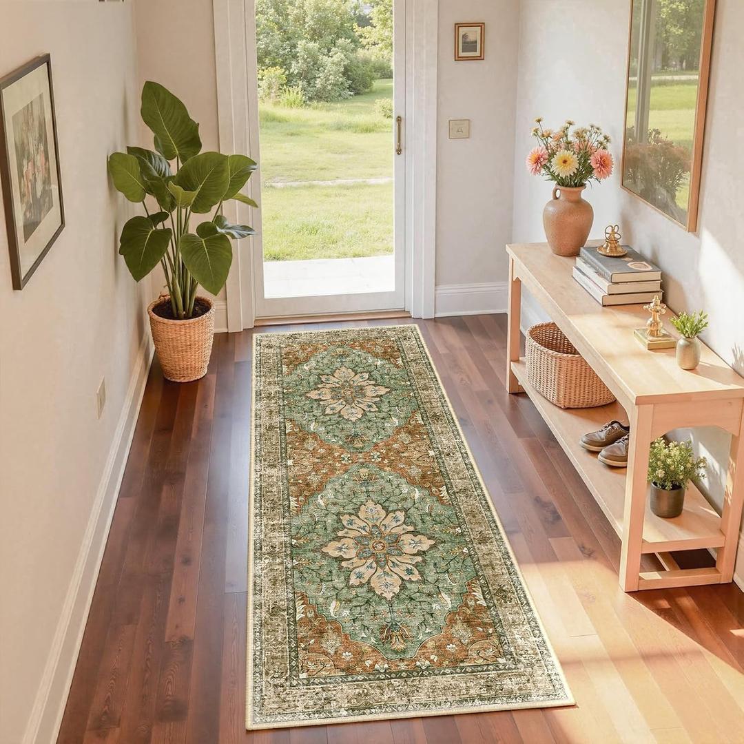 Area Rugs 2'x6' Runner Rug Non Slip Washable for Kitchen Hallway Bedroom Beside Laundry Room Bathroom Rug, Floor Carpet, Brick Red Rust Neutral Brown Burnt Orange Green