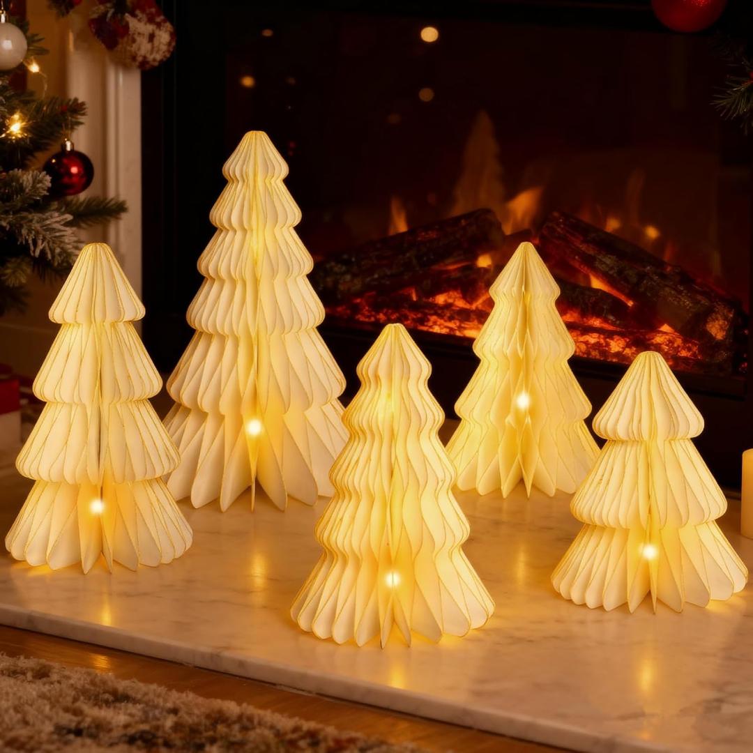 Christmas Table Decorations Indoor, 5 Pcs Large White Honeycomb Paper Christmas Trees, Vintage Light Up Table Centerpieces for Xmas Winter Wonderland Holiday Party Weddings Home Decor, 12/14/16 Inch