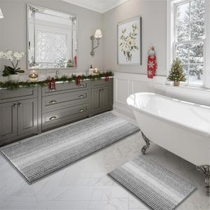 BSICPRO Bathroom Rugs and Mats Sets, 2 Piece Thick Absorbent Chenille Bath Mat Rug Set Non Slip, Soft Shaggy Bath Room Floor Mats for Bathroom, Machine Washable (Gray, 20" x 60" Plus 20" x 32") (Grey)