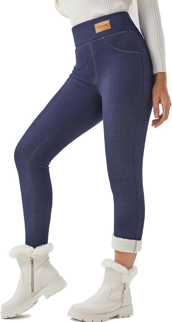 Women Sherpa Lined Leggings Soft Clouds Fleece Tights Winter Warm Thermal Thick Cashmere Pants High Waist (Medium, Blueno Pockets)