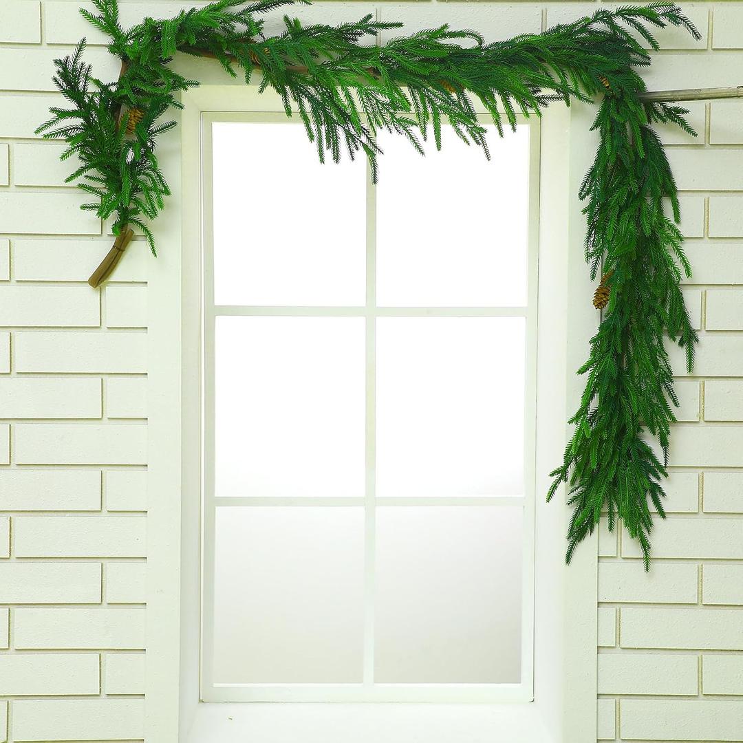 Jutom 2 Pcs 6 ft Christmas Norfolk Pine Garland Artificial Greenery Cedar Garlands with Pine Cones Winter Christmas Decorations for Mantle Seasonal Indoor Home Holiday Fireplace Decor
