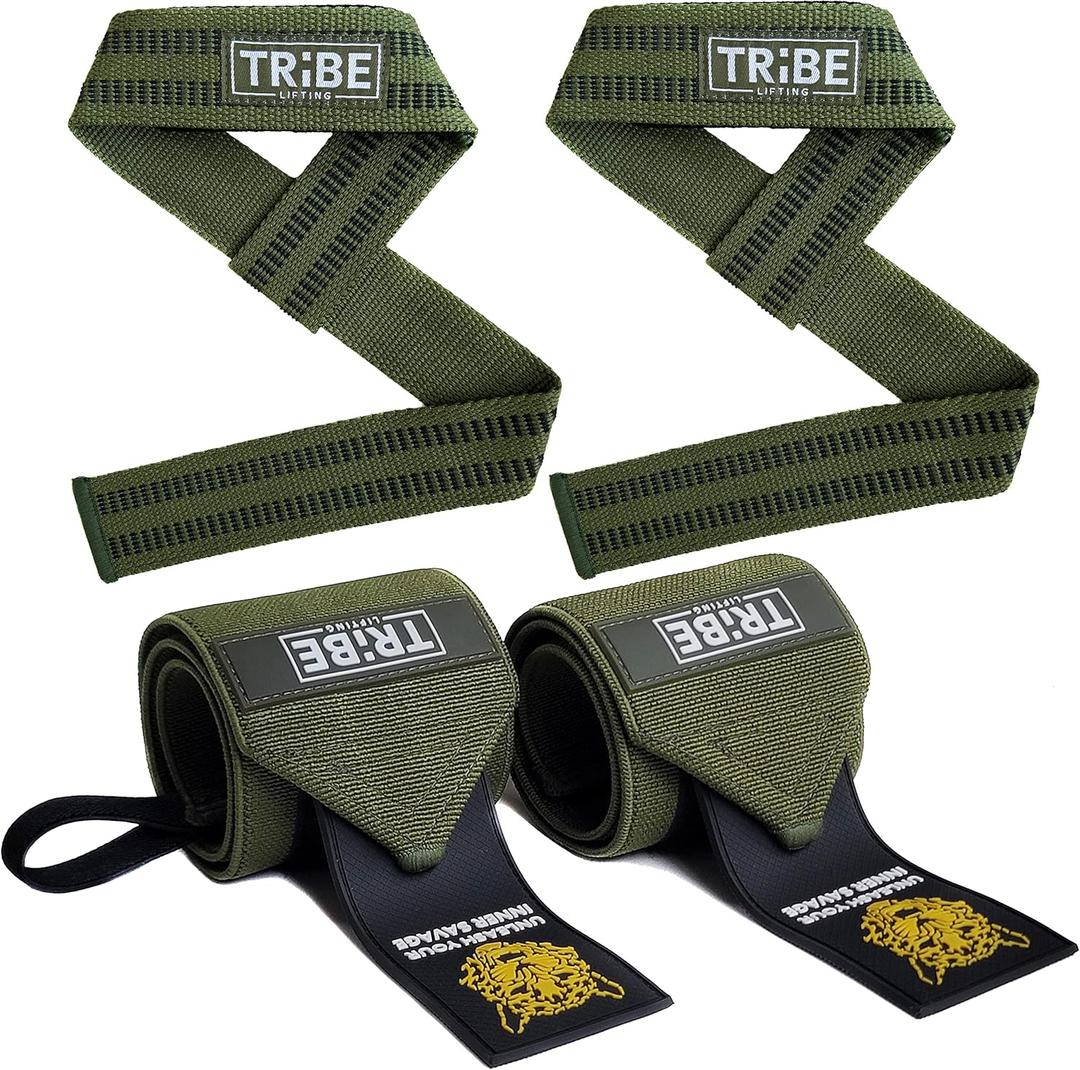 Tribe Lifting Heavy Duty Wrist Wraps & Lifting Straps for Weightlifting - Wrist Straps for Weightlifting Men with Silicone Grip & Padding - Gym Wrist Wraps and Lifting Straps (Green 21")