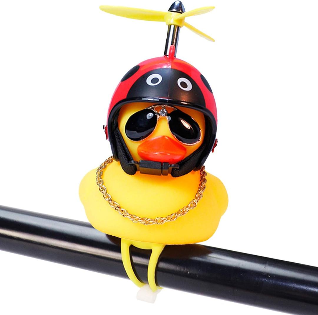 wonuu Rubber Duck Toy Car Ornaments Yellow Duck Car Dashboard Decorations Squeeze Duck Bicycle Horns with Propeller Helmet (Red&Black)