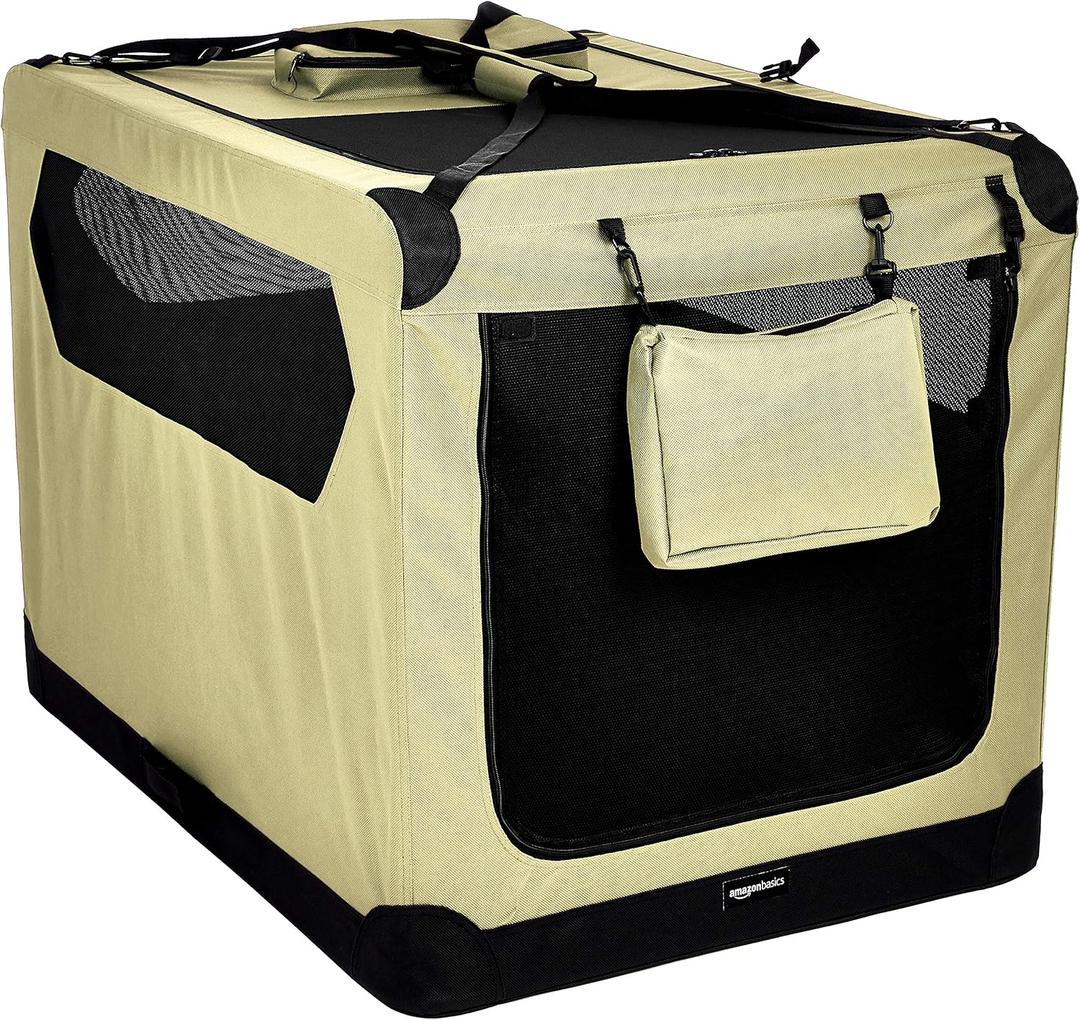 Amazon Basics Foldable, Portable Soft Pet Dog Crate Carrier Kennel, 42", Khaki