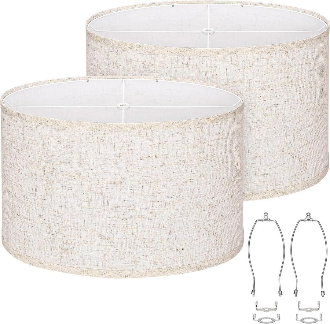 Oval Lamp Shades Set of 2, 16.5"L x 11.5"W x 11"H, Large Beige Lampshades for Table Lamps Bedside Lamps, Natural Linen Lamp Shades for Floor Lamps, Suitable for E26 Base and Saddle Base, Easy Assembly