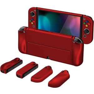 PlayVital AlterGrips Protective Slim Case for Nintendo Switch OLED, Ergonomic Grip Cover for Joycon, Dockable Hard Shell for Switch OLED w/Thumb Grip Caps & Button Caps (Scarlet Red)