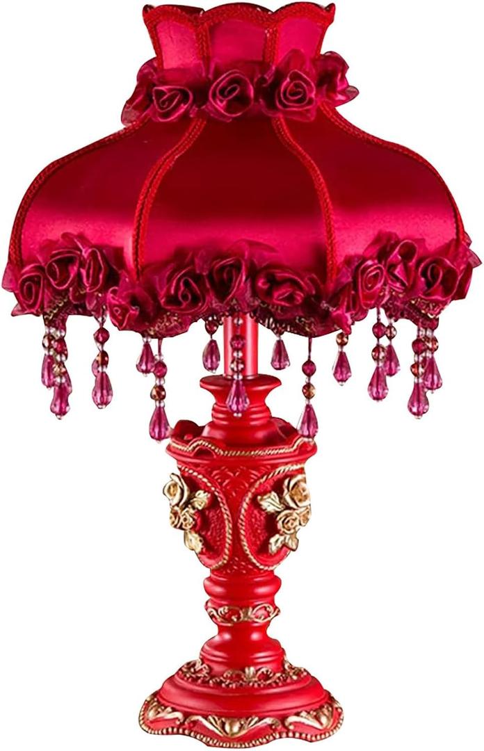 Victorian Lamp Antique Table Lamp,Vintage Fringe Lamp with Shade,European Pastoral Night Stand Flower Lamp Table Light for Bedroom Living Room(11.8" D x 11.8" W x 20.5" H, Red)