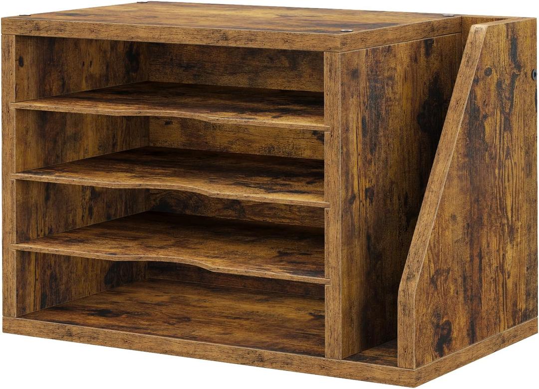 Mail Sorter, File Organizer Desktop, Wood Desk Organizer with 3 Adjustable Shelves, Mail Holder for Office, Home, Letter Sorter File Holders for Envelopes, Supplies Magazines, Rustic Brown (15.83"L x 9.25"W x 11.1"H)