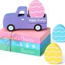 Marsui 5 Pieces Easter Table Decorations Wooden Truck Easter Eggs Blocks Spring Wood Book Stacks Centerpieces Signs for Home Indoor Table Topper Tiered Tray Decor Supplies
